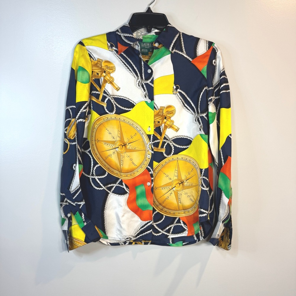 Vtg Lauren Ralph Lauren Silk Blouse Nautical Women's 6P Yacht 90s Old Money Sail